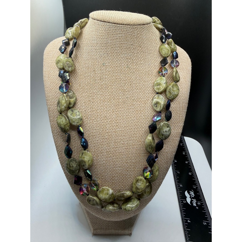 Vintage Double‎ Strand Green Serpentine Stone and Iridescent Crystal Necklace